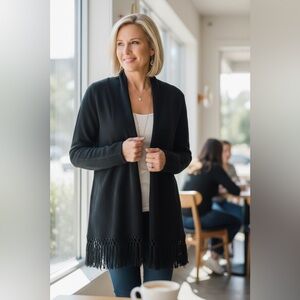 Lilly Pulitzer Black Open Front Fringe Hem Long Sleeve Cardigan Size L